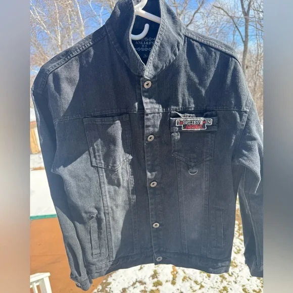 Graphic Black Denim Jacket Punk Streetwear moto Jean Jacket Angel Patch - Picture 16 of 16